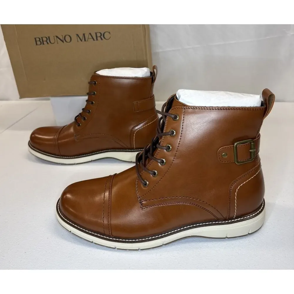 Bruno Marc Men's Motorcycle Combat Boots Lace-Up Casual Dress Size 12 Brown
